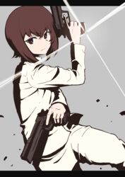  absurdres action brown_eyes brown_hair closed_mouth commentary_request diffraction_spikes dual_wielding female from_side frown girls_und_panzer grey_background gun handgun highres holding holding_gun holding_weapon letterboxed long_sleeves nishizumi_maho oritako pants partial_commentary shirt short_hair simple_background standing weapon white_pants white_shirt 