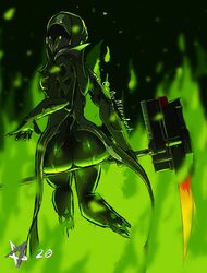  absurdres alternate_costume arcafterdark ass ass_focus breasts colored_skin female fire floating from_behind glowing glowing_eyes green_eyes green_fire hammer highres holding holding_weapon hood looking_at_viewer looking_back melee_weapon_(warframe) multicolored_skin no_feet sideboob signature sitting sitting_on_object small_breasts solo warframe weapon wisp_(warframe) 