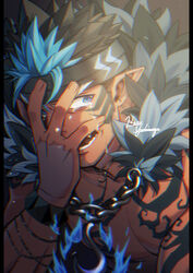  1boy anchor_necklace bara black_hair blue_eyes blue_fire blue_hair crying crying_with_eyes_open dark-skinned_male dark_skin fire headband highres jewelry long_sideburns male_focus mature_male multicolored_hair muscular muscular_male necklace official_alternate_costume pectorals pointy_ears revealing_clothes short_hair sideburns solo spiked_hair tangaroa_(housamo) tangaroa_mugen_(housamo) tattoo tears tokyo_afterschool_summoners tribal tribal_tattoo two-tone_hair upper_body yoshinaga_haru 