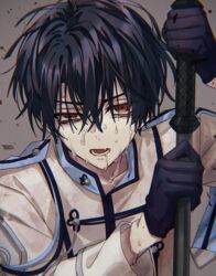  1boy black_hair exhausted gloves highres holding holding_weapon long_sleeves looking_at_viewer mahoutsukai_no_yakusoku male_focus naruta_iyo open_mouth red_eyes scythe shino_sherwood short_hair simple_background solo sweat sweatdrop teeth weapon 