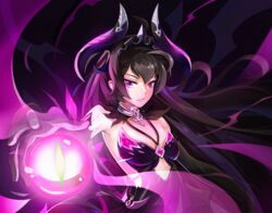  absurdres bad_id bad_pixiv_id black_hair energy_ball epic_seven female flat_chest floating_hair highres long_hair looking_at_viewer open_hand purple_eyes solo specter_tenebria_(dark_tyrant)_(epic_seven) specter_tenebria_(epic_seven) tdh123 tenebria_(epic_seven) 