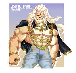  anthro beard black_sclera bottomwear bracelet clothing denim denim_bottomwear denim_clothing dislyte ear_piercing ear_ring facial_hair felid hi_res jacket javid_(dislyte) jeans jewelry leather leather_clothing leather_jacket leather_topwear lilith_games lion long_mane male malro mammal mane muscular muscular_male necklace pantherine pants piercing red_eyes ring_piercing solo topwear white_beard white_facial_hair white_mane 