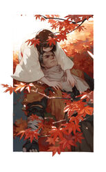  2boys autumn autumn_leaves bandages black_gloves black_hair black_shirt border brown_hair closed_eyes closed_mouth coat commentary_request facial_hair fingerless_gloves gloves grey_hair grey_scarf hands_on_another&#039;s_chest highres japanese_clothes kimono kissing kissing_forehead kuro_the_divine_heir leaf long_sleeves lying male_focus multicolored_hair multiple_boys on_back orange_coat outside_border photoshop_(medium) sash scarf sekiro sekiro:_shadows_die_twice shirt short_hair torn_clothes torn_coat two-tone_hair vetania white_border white_kimono wide_sleeves yaoi 