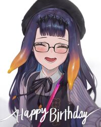  artofkuzu beret blunt_bangs blush closed_eyes english_commentary english_text female glasses gradient_hair happy happy_birthday hat headpiece highres hololive hololive_english long_hair lower_teeth_only mole mole_under_eye multicolored_hair ninomae_ina&#039;nis ninomae_ina&#039;nis_(casual) oerba_yun_fang open_mouth orange_hair pointy_ears purple_hair sidelocks solo teeth tentacle_hair virtual_youtuber 