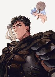  2boys berserk black_hair blue_eyes blue_hair collarbone completely_nude fairy_wings guts_(berserk) jun_(navigavi) male_focus multiple_boys nude one_eye_closed pointy_ears puck_(berserk) robe scar smile standing weapon weapon_on_back wings 