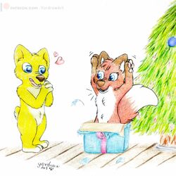  1:1 anthro box canid canine christmas container duo female fox hi_res holidays hugo_(jungledyret) jungledyret_hugo male male/female mammal plant rita_(jungledyret) tree yordraw 