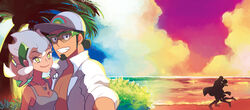  1boy baseball_cap breasts burnet_(pokemon) closed_mouth cloud commentary_request dark_skin day female glasses green_eyes green_hair grey_tank_top hair_bun hat husband_and_wife jewelry kukui_(pokemon) mayuzumi necklace outdoors palm_tree pokemon pokemon_(anime) pokemon_sm_(anime) shore silhouette single_hair_bun sky smile tank_top tree twilight water white_hair 