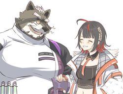  anthro black_hair brown_body brown_fur clothing coat duo eyebrows eyewear female fur glasses hair hi_res human lab_coat lifewonders live_a_hero male mammal procyonid raccoon sabita_kan scientist sensettia smile thick_eyebrows topwear viscunam 