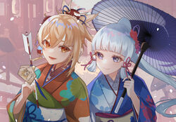  2girls arrow_(projectile) blue_eyes blue_hair blue_kimono floral_print flower genshin_impact hair_flower hair_ornament highres holding holding_umbrella japanese_clothes kamisato_ayaka kimono long_sleeves multiple_girls natsuki_yoru new_year orange_eyes orange_hair orange_kimono ponytail sidelocks smile umbrella yoimiya_(genshin_impact) yukata 