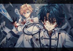  2boys black_gloves black_hair blonde_hair blood blood_on_clothes blood_on_face blood_splatter blue_eyes clenched_teeth curtained_hair debris facing_viewer gloves half_gloves heathcliff_blanchett highres ice icicle jacket letterboxed looking_at_another looking_down looking_to_the_side mahoutsukai_no_yakusoku male_focus motion_blur multiple_boys naruta_iyo outstretched_arm parted_lips red_eyes shawl shino_sherwood short_hair stab sweat tassel teeth upper_body v-shaped_eyebrows white_jacket 