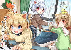  +_+ 3girls :d :t all_fours animal_ears black_legwear blonde_hair blue_eyes blurry blurry_background blush breasts brown_hair brown_sailor_collar brown_shirt calligraphy calligraphy_brush cat_ears cat_girl cat_tail chopsticks closed_mouth commentary_request curtains day depth_of_field eating food green_sweater hair_between_eyes hair_ornament hair_scrunchie highres hiyori-chan holding holding_chopsticks holding_paintbrush indoors kadomatsu kagami_mochi koruri-chan_(sora) long_hair low_twintails multiple_girls no_shoes original paintbrush pantyhose pleated_skirt red_eyes red_hair red_scrunchie sailor_collar scrunchie shirt sitting skirt small_breasts smile sora_(silent_square) sweater tail thighhighs translated tsugumi-chan_(sora) twintails very_long_hair wavy_mouth white_legwear white_sailor_collar white_skirt window 