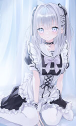  :o absurdres arm_support bad_id bad_pixiv_id between_legs black_choker black_ribbon blue_eyes bow choker collarbone commentary ear_piercing female frills grey_hair hair_between_eyes hair_intakes hair_ornament hair_ribbon hand_between_legs highres long_hair looking_at_viewer maid mashiro_shiki md5_mismatch mikuro_(si10ra) no_shoes open_mouth original parted_lips piercing resolution_mismatch ribbon sailor_collar short_sleeves sidelocks sitting solo source_smaller thighhighs two_side_up wariza white_bow white_theme white_thighhighs 