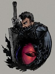  1boy behelit berserk black_hair cape commentary_request dark-skinned_male dark_skin dragonslayer_(sword) grey_background guts_(berserk) holding holding_sword holding_weapon huge_weapon male_focus miura_kentarou_(style) oggy_(oggyoggy) planted planted_sword reverse_grip scar scar_on_face scar_on_nose solo sword weapon 