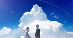  1boy bad_id bad_pixiv_id black_pants black_shirt blue_sky brown_hair cloud commentary_request cumulonimbus_cloud day dress facing_away female floating_hair from_behind highres hoshizaki_reita long_hair original outdoors pants shirt short_sleeves signature sky summer very_long_hair white_dress 