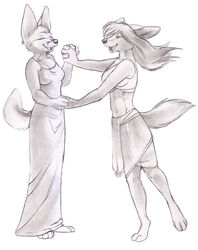  anthro avoid_posting breasts canid canine chakona_space closed_eyes clothing dress duo faleshkarti female fennec_fox fox fur hair hand_holding leanna_fennec mammal mehndix midriff open_mouth true_fox 