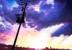  absurdres bird blue_sky building city cityscape cloud commentary dark_clouds evening flock highres light light_rays no_humans orange_sky original outdoors pajaman power_lines scenery shadow sky skyline sunbeam sunlight tower utility_pole 