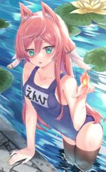  absurdres animal_ears bare_shoulders blush breasts cat_ears competition_swimsuit female fire genshin_impact green_eyes hair_between_eyes half-closed_eyes highres huziiro_matutya lily_pad long_hair looking_at_viewer one-piece_swimsuit open_mouth partially_submerged pink_hair school_swimsuit small_breasts solo swimsuit thighhighs water wet yanfei_(genshin_impact) 