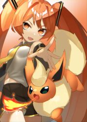  absurdres breath_weapon breathing_fire brown_shorts collared_shirt commentary crossover eyelashes fangs female fire flareon grey_shirt hatsune_miku highres looking_at_viewer necktie open_mouth orange_eyes orange_hair pokemon pokemon_(creature) reirou_(chokoonnpu) shirt shorts sleeveless sleeveless_shirt spread_fingers symbol-only_commentary tongue twintails vocaloid yellow_necktie 