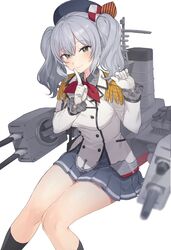  black_socks blue_eyes buttons cannon commentary_request epaulettes female frilled_sleeves frills gloves grey_hair grey_skirt highres index_finger_raised invisible_chair jacket kantai_collection kashima_(kancolle) kneehighs long_sleeves machinery military military_jacket military_uniform miniskirt neckerchief pleated_skirt red_neckerchief sidelocks simple_background sitting skirt socks solo turret twintails uniform wavy_hair white_background white_gloves white_jacket ygcn 