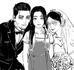  1boy 2girls 4ageum abstract alternate_costume asirpa bad_id bad_twitter_id bouquet bridal_veil bride commentary_request dress earrings golden_kamuy greyscale groom hair_slicked_back hair_strand hand_on_another&#039;s_neck highres hoop_earrings horror_(theme) inactive_account jewelry korean_commentary long_hair monochrome multiple_girls no_eyes ogata_hyakunosuke scar scar_on_cheek scar_on_face scared tuxedo veil wedding_dress 