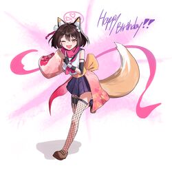  absurdres animal_ear_fluff animal_ears bandaged_arm bandages black_gloves blue_archive breasts brown_footwear brown_hair detached_sleeves eyeshadow female fishnets fox_ears fox_girl fox_tail full_body gloves hadanugi_dousa hair_ornament halo hand_up happy_birthday highres holster izuna_(blue_archive) japanese_clothes kimono knife kuji-in loafers looking_at_viewer makeup neckerchief nonoa oerba_yun_fang one_eye_closed open_mouth partially_fingerless_gloves pink_halo pink_kimono pink_neckerchief purple_skirt running scarf shirt shoes short_hair single_sock single_thighhigh skin_fang skirt sleeveless sleeveless_shirt small_breasts smile socks solo tail thigh_holster thighhighs throwing_knife weapon white_shirt yellow_eyes 