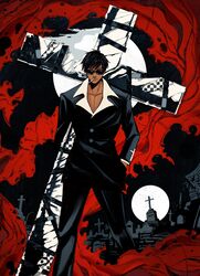  1boy black_hair black_pants black_sky cross dark-skinned_male dark_skin full_moon graveyard highres moon nicholas_d._wolfwood pants pimientosdulces short_hair smoke smoking sunglasses tombstone trigun 