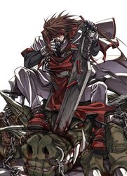  1boy absurdres after_battle blood blood_on_clothes blood_on_weapon brown_hair chains cigarette concrete dong_hole english_text fangs guilty_gear guilty_gear_xx headband highres huge_weapon male_focus monster mouth_hold order-sol red_eyes shaded_face sitting smoking sol_badguy solo weapon 