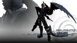  1boy arm_up beelzebumon beelzebumon_blast_mode belt black_belt black_footwear black_jacket black_pants black_shirt black_wings blonde_hair boots character_name commentary digimon digimon_(creature) english_commentary extra_eyes feathered_wings full_body fur_trim gatling_gun gloves holding holding_weapon jacket knee_boots leaning_back looking_at_viewer male_focus mask multiple_views multiple_wings open_clothes open_jacket pants sheath shirt spiked_boots standing tail thigh_strap vetania weapon wings 