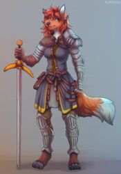  2023 5_fingers 5_toes anthro breasts canid canine clothed clothing digital_media_(artwork) eyebrows eyelashes feet female fingers fox fur grey_background hair hi_res mammal orange_body orange_fur red_hair redcreator simple_background toes weapon yellow_eyes 