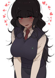  black_hair blunt_bangs blush breasts collared_shirt commentary female glowing glowing_eyes grey_skirt highres large_breasts looking_at_viewer nakta necktie original red_eyes red_necktie school_uniform shaded_face shirt skirt solo symbol-only_commentary white_background white_hair you&#039;re_under_my_skin! 