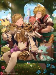  1boy :d ^_^ armor artist_name bag baguette black_gloves blonde_hair blowing_bubbles blue_flower braid bread brown_footwear bubble building closed_eyes closed_mouth commentary crown_braid day dragalia_lost english_commentary euden feet_out_of_frame female fingerless_gloves fire_emblem fire_emblem_heroes flower food gloves green_eyes grocery_bag hentaki highres hood hood_down hooded_jacket jacket on_bench open_mouth outdoors paper_bag pink_flower puffy_short_sleeves puffy_sleeves scale_armor sharena_(fire_emblem) shoes shopping_bag short_sleeves single_hair_intake sitting smile thighhighs tree watermark web_address white_jacket white_legwear wyrm 