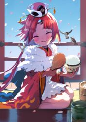  apron benienma_(fate) bird bowl closed_eyes commentary commission eurasian_tree_sparrow fate/grand_order fate_(series) female highres low_ponytail ohitsu petals red_hair rice rice_bowl shamoji sitting skeb_commission solo sparrow wariza wide_sleeves yukimaru_nun 