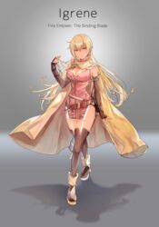  absurdres black_gloves blonde_hair boots breasts cape character_name cleavage commission commissioner_upload dark-skinned_female dark_skin dress elbow_gloves english_commentary female fingerless_gloves fire_emblem fire_emblem:_the_binding_blade gloves highres igrene_(fire_emblem) lala_(sputnik) large_breasts long_hair looking_at_viewer no_mole red_dress simple_background skeb_commission smile solo thighhighs yellow_eyes 