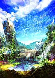  absurdres bad_id bad_pixiv_id blue_sky building cloud cloudy_sky commentary_request crystal day fantasy grass highres light light_particles mountain mountainous_horizon nature no_humans original outdoors pajaman perspective plant pond power_lines road_sign rock ruins scenery shadow sign sky star_(symbol) tower tree utility_pole vines water waterfall 