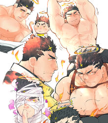  1boy abs bad_id bad_pixiv_id bandage_over_one_eye bandages bara bare_pectorals blush bodysuit bulge chest_harness chibi chibi_inset clothes_around_waist collage facial_hair glasses halloween_costume halo harness hip_vent large_pectorals male_focus mature_male multiple_views mummy_costume muscular muscular_male naked_bandage nipples official_alternate_costume open_bodysuit open_clothes pectorals po_fu short_hair sideburns stomach stretching stubble tokyo_afterschool_summoners topless_male yellow_eyes zabaniyya_(fashionista_swimsuit)_(housamo) zabaniyya_(halloween)_(housamo) zabaniyya_(housamo) 