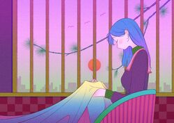  black_sweater blue_hair blush branch chair closed_eyes cloud female hair_behind_ear highres leaf long_hair original profile purple_sky rasukusekai red_sun sewing sky solo sweater window 