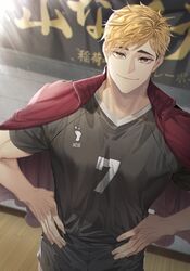  1boy blonde_hair brown_eyes duplicate haikyuu!! hands_on_own_hips hemoon jacket jacket_on_shoulders looking_at_viewer male_focus miya_atsumu short_hair smile solo sportswear standing third-party_source volleyball_uniform 