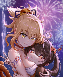  2girls :p ahoge arm_tattoo bandages bare_shoulders blonde_hair breast_smother breasts brown_hair chest_tattoo choker face_to_breasts fireworks genshin_impact heart heart-shaped_pupils heart_ahoge heart_ahoge_duo highres hu_tao_(genshin_impact) hug japanese_clothes jewelry kimono looking_at_viewer medium_breasts multiple_girls nail_polish night night_sky orange_kimono red_eyes ring sarashi sky smile symbol-shaped_pupils tattoo tongue tongue_out ttkaki twintails upper_body v yellow_eyes yoimiya_(genshin_impact) yuri 