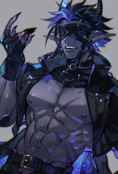  1boy abs azaya_(kuroi_azaya) bare_pectorals belt belt_collar black_belt black_hair black_horns blindfold blood blood_on_hands blue_hair check_copyright collar colored_skin copyright_request cowboy_shot cropped_jacket dark_blue_hair fingernails grey_skin horns jacket leather leather_jacket male_focus monster_boy multicolored_hair muscular muscular_male navel nipples no_shirt open_mouth original pectorals pointy_ears sharp_fingernails short_hair solo stomach teeth two-tone_hair 