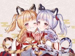  2girls animal_ears animal_hands bai_(granblue_fantasy) blonde_hair blush brown_gloves chinese_zodiac closed_mouth commentary_request detached_sleeves dress egasumi erune fur-trimmed_gloves fur-trimmed_sleeves fur_trim gloves granblue_fantasy grin huang_(granblue_fantasy) long_sleeves looking_at_viewer masuishi_kinoto multiple_girls one_eye_closed partial_commentary paw_gloves pleated_dress red_dress red_eyes side_ponytail single_glove smile tail tiger_ears tiger_girl tiger_tail white_gloves white_hair white_sleeves wide_sleeves year_of_the_tiger 