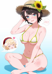  ^_^ absurdres bikini black_hair blue_background blue_eyes blush breasts closed_eyes commentary_request crossed_ankles curio_(curiofinity) female flower gradient_background hat hat_flower heart highres hololive indian_style indie_virtual_youtuber large_breasts navel oozora_subaru shigure_ui_(vtuber) short_hair sitting spoken_blush spoken_character stomach straw_hat sun_hat sunflower swimsuit v-shaped_eyebrows virtual_youtuber white_background white_bikini 