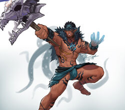  1boy abs anchor_necklace animal_skull bara bare_pectorals bulge dark-skinned_male dark_skin foot_out_of_frame foreshortening holding holding_staff jewelry jin_(sirius-j) large_pectorals loincloth male_focus mature_male multicolored_hair muscular muscular_male navel necklace nipples pectorals revealing_clothes shaman short_hair sideburns smile solo spiked_hair staff stomach stomach_tattoo tangaroa_(housamo) tangaroa_mugen_(housamo) tattoo thick_thighs thighs tokyo_afterschool_summoners tribal tribal_tattoo two-tone_hair 