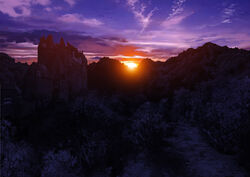  absurdres branch castle cloud cloudy_sky commentary_request forest grass highres lens_flare light mountain mountainous_horizon nature night no_humans orange_sky original outdoors pajaman partially_colored path rock ruins scenery shadow sky stone sunlight sunset tree 