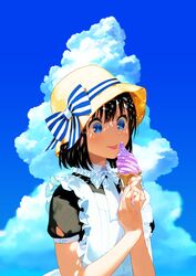  :p apron backlighting black_hair blue_eyes blue_sky blunt_bangs blunt_ends bob_cut bow closed_mouth cloud cloudy_sky commentary_request dappled_sunlight day downscaled eating female food frilled_apron frills from_side hair_between_eyes hands_up hat hat_bow hat_ribbon holding holding_food ice_cream ice_cream_cone looking_away looking_down maeya_susumu maid maid-san_wa_taberu_dake maid_apron official_art outdoors puffy_short_sleeves puffy_sleeves resized ribbon shade short_sleeves sky smile soft_serve solo straight_hair striped striped_bow striped_ribbon summer sunlight suzume_(maid-san_wa_taberu_dake) tongue tongue_out upper_body white_apron wing_collar 