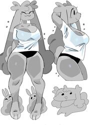  2021 anthro big_breasts black_clothing breasts cleavage closed_eyes clothed clothing digital_media_(artwork) dust dust_bunny dust_cloud female feral fur grey_body grey_fur grey_hair grise_(puppkittyfan1) hair happy hi_res lagomorph leporid long_hair mammal open_mouth pantsless paws puppkittyfan1 rabbit shaded simple_background slightly_chubby smile solo_focus thick_thighs uniform white_background white_clothing wide_hips 