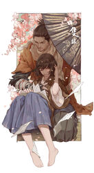  2boys absurdres animal_print bandages between_legs bird_print black_hair black_shirt blue_pants brown_hair brown_kimono brown_pants cherry_blossoms closed_eyes closed_mouth coat commentary_request facial_hair facing_down flower flower_over_eye hand_on_another&#039;s_chest highres japanese_clothes kimono kuro_the_divine_heir layered_sleeves long_sleeves male_focus multiple_boys oil-paper_umbrella orange_coat pants parted_lips petals photoshop_(medium) scar scar_across_eye scar_on_face scarf seiza sekiro sekiro:_shadows_die_twice shirt short_hair sitting smile tabi topknot torn_clothes torn_coat torn_shirt translated umbrella vetania white_kimono white_scarf wide_sleeves yaoi 