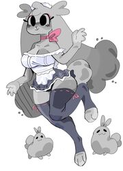  2021 anthro big_breasts black_clothing breasts clothing digital_media_(artwork) dust dust_bunny dust_cloud eyelashes eyeshadow female feral fur grey_body grey_fur grey_hair grise_(puppkittyfan1) hair happy hi_res lagomorph leggings legwear leporid long_hair maid_uniform makeup mammal paws pink_clothing puppkittyfan1 rabbit shaded simple_background slightly_chubby smile solo_focus uniform white_background white_clothing 