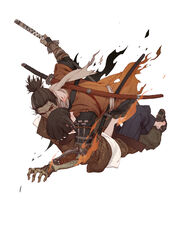  absurdres arm_around_neck bandages barefoot black_hair brown_kimono coat commentary_request fire full_body gloves highres holding holding_weapon japanese_clothes katana kimono kuro_the_divine_heir looking_at_another male_focus multiple_boys orange_coat ponytail prosthesis prosthetic_arm red_eyes sandals sash scar scar_across_eye scar_on_face scarf sekiro sekiro:_shadows_die_twice sheath sheathed short_hair short_sleeves simple_background sword topknot torn_clothes torn_coat vetania weapon weapon_on_back white_background white_kimono wide_sleeves yaoi 