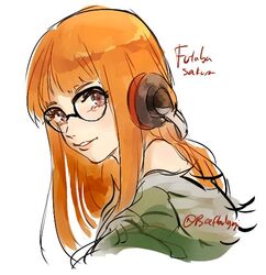  bare_shoulders behind-the-head_headphones blunt_bangs character_name coat female from_side fur-trimmed_coat fur_trim glasses green_coat happy headphones hime_cut hood hood_down hooded_coat light_smile long_hair open_mouth orange_hair parted_lips persona persona_5 purple_eyes sakura_futaba simple_background smile solo teeth tofucakes twitter_username white_background 