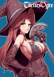  breasts choker cleavage commentary_request deneb_rove dress elbow_gloves female gloves hat highres large_breasts long_hair purple_dress purple_eyes purple_gloves red_hair sideboob solo staff strapless strapless_dress tactics_ogre tukiwani witch witch_hat 